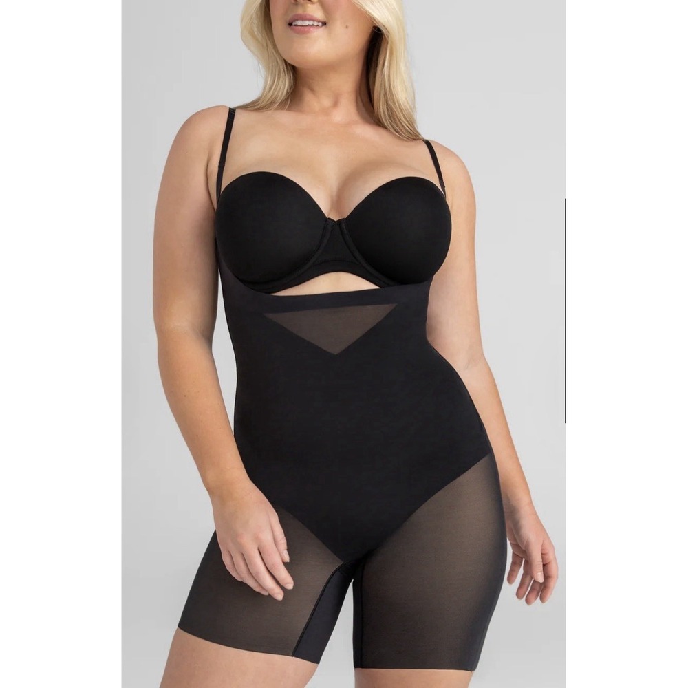 Honeylove Open Bust Mid Thigh Bodysuit: Sz 1X Black Event Compression